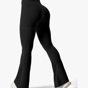Black Bell Bottom Yoga Pants High Waisted Tummy Control Workout Leggings L
